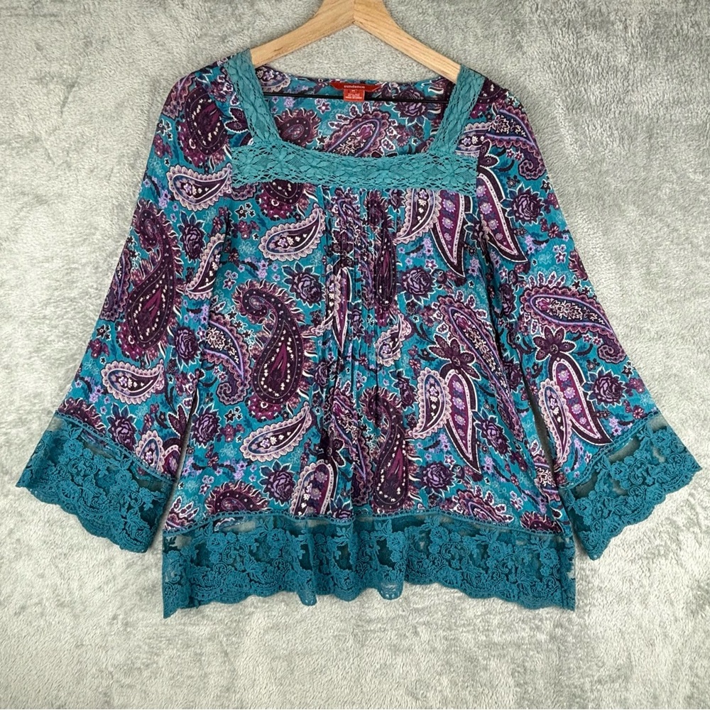 Sundance Top‎ Blouse Womens Medium Teal Purple 100% Silk Paisley Pintuck Lace